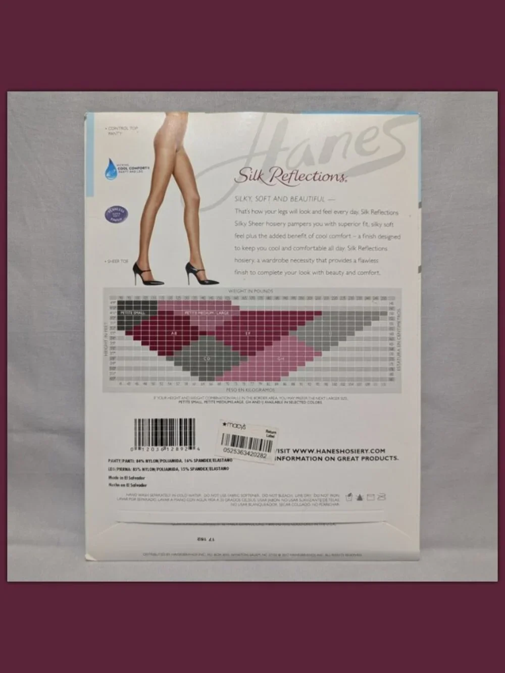 2x Hanes Silk Reflections Size AB - Pearl Reinforced Toe & Grey Mist Control Top